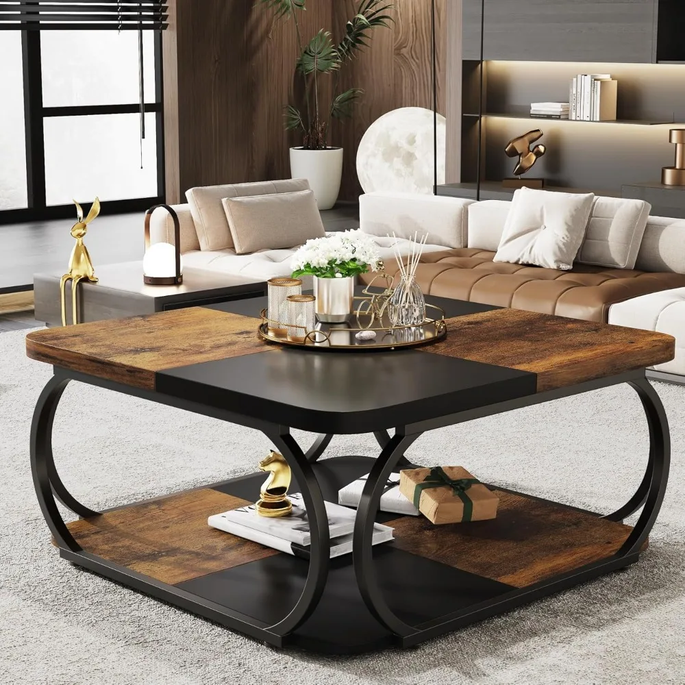 Square Coffee Table with 2 Tiers, 40 inches Low Farmhouse Coffee Table with Wood Storage Shelf Heavy Duty Metal Curve