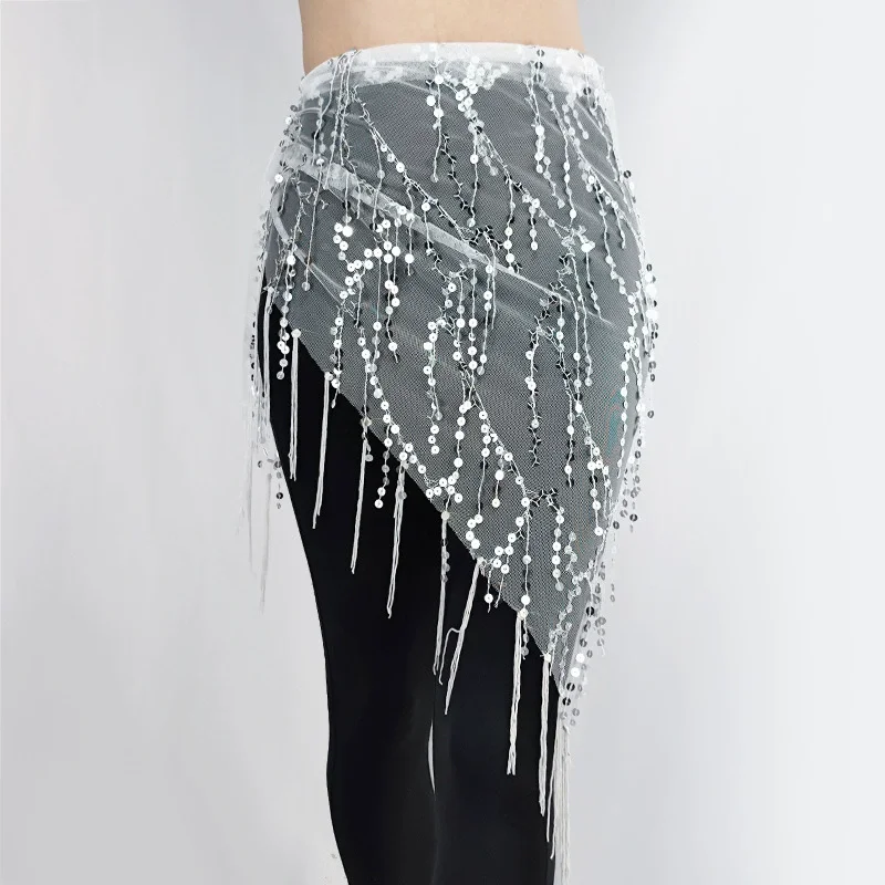 Bauchtanz-Hüfttuch mit Goldpailletten und Quasten, Dreieckiger Rock, Wickelgürtel für Festival, Rave-Party, Nachtclub-Auftritte, Kostüm für Frauen – Detail 1