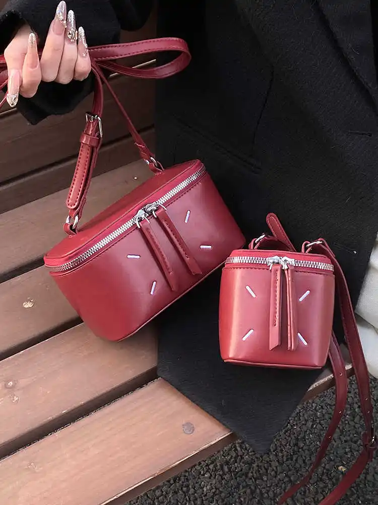 High-grade Red PU Box Bags For Women Autumn New Versatile Temperament Commute Shoulder Crossbody Bags Fashion Niche Handbags