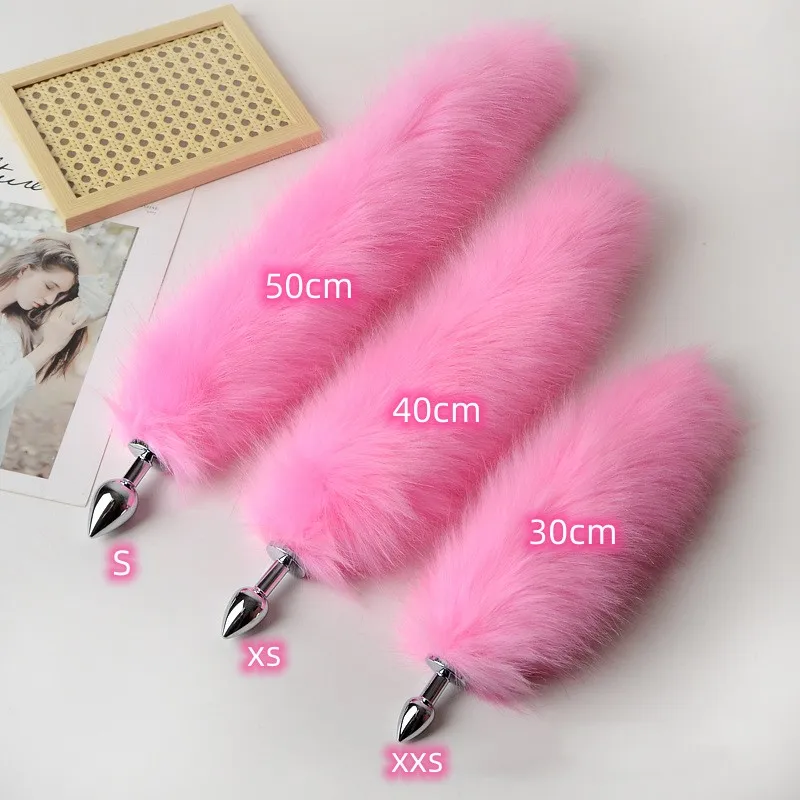 Anal Sex Toys of Long Pink Faux Fur Fox Tail with Stainless Steel Metal Butt Plug for Fetish Fantasy Flirting Adult Supplies