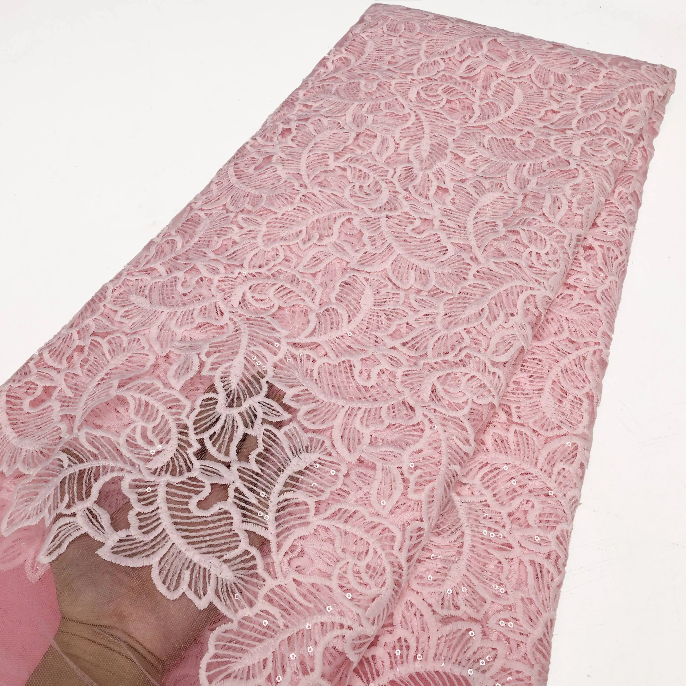 PGC Pink Milk Silk African Lace Fabric 5yards High Quality 2024 Nigerian French Mesh Lace Fabric with Sequins Wedding Gown Sew