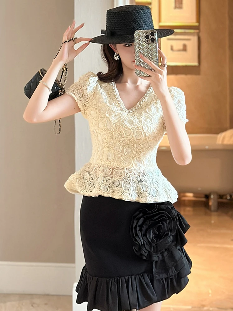 Nueva ropa de Mujer, blusa de perlas con cuello en V Floral rosa en 3D, Tops ajustados de encaje, camiseta Formal elegante a la moda para fiesta, camiseta informal de verano para Mujer