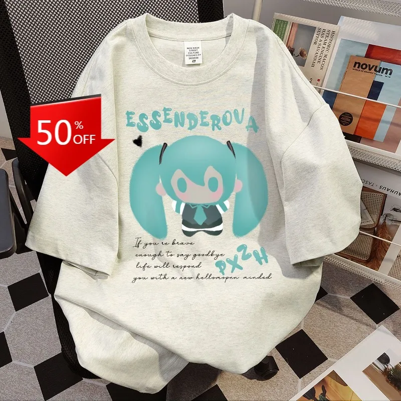 100% Cotton Hatsune Miku Cartoon Anime Women T-shirt Summer Loose Top Street Graffiti Print Short Sleeve American Retro Clothes