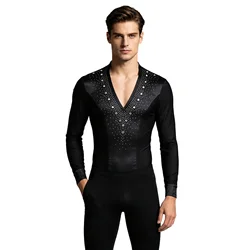 Mens Latin Jazz Dance Leotard Shirt Bodysuit Shirt Top Glittery Rhinestones Gymnastics Figure Skating Ballroom Chacha Costume