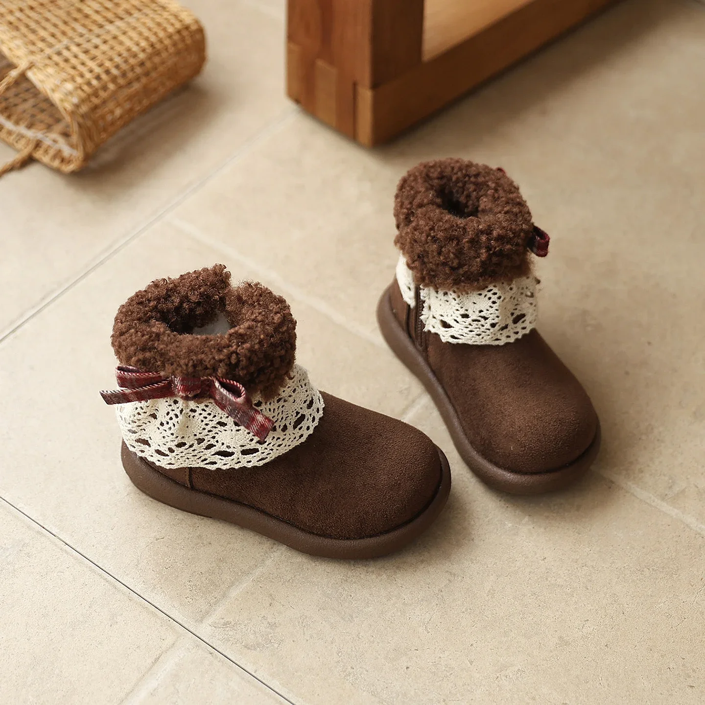 Toddler Girls Sweet Lace Bow Winter Boots, Fuzzy Fur Collar Fleece Lined Side Zipper Warm Ankle Boots