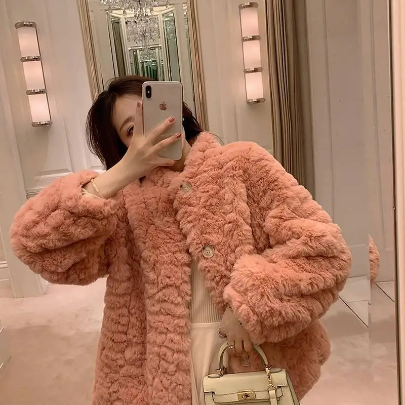 2023 Winter New Women Thick Warm Short Faux Rabbit Fur Coat With Round Neck Female Long Sleeve Fake Fur Jacket Fashion Top C75