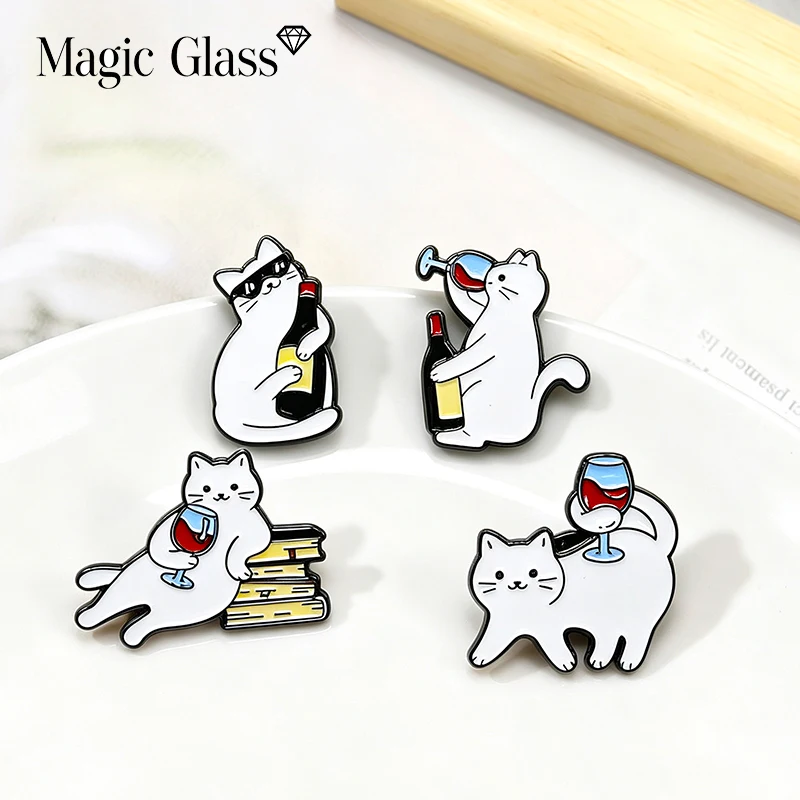 New Cute White Cat Enjoy Life Red Wine Pins Set Cartoon Enamel Brooch Badge Jewelry For Bag Clothing Backpack Party