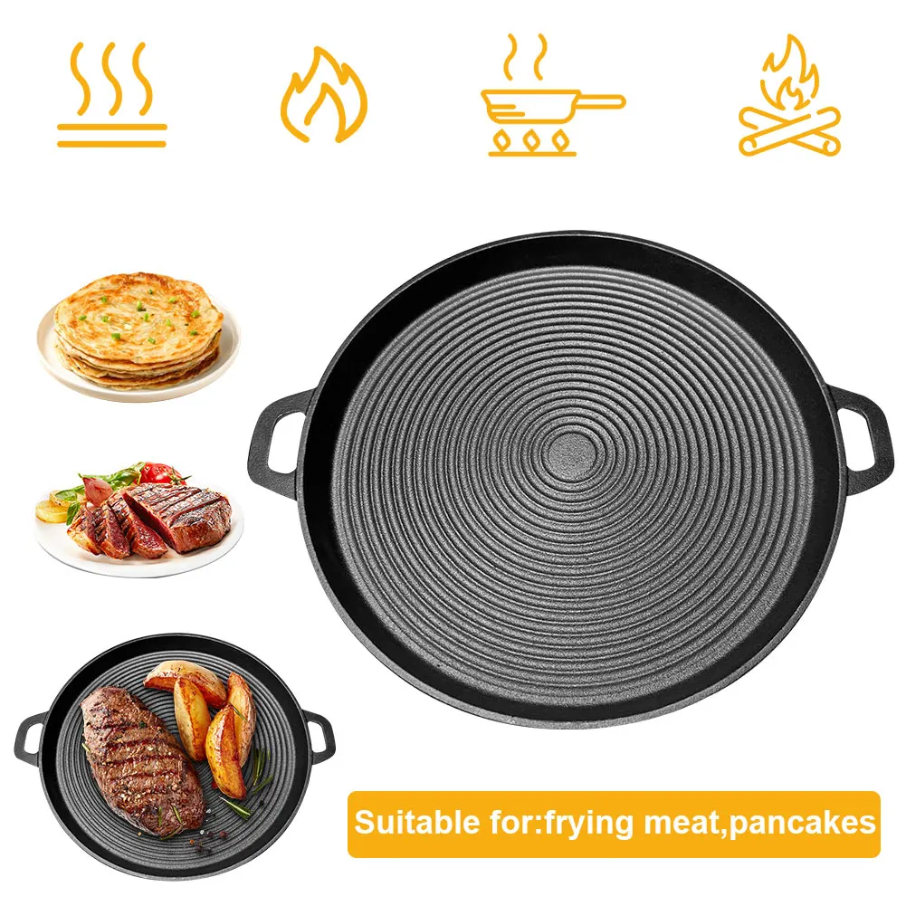 34cm Cast Iron Frying Pan with Handles Round Griddle for Gas Stove Grill Plate for Household Outdoor Travel Camping