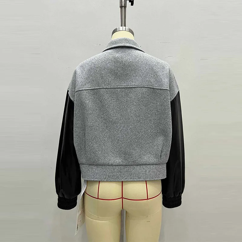 Kunstleder-Patchwork Wolljacken für Damen Street-Style Revers Langarm Reißverschluss Paneelierte Locker Sitzende Jacke Schicke Damen-Oberbekleidung Neu – Detail 3