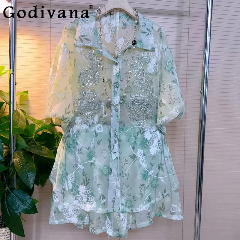 

Large Size 2025 Summer Fashion French Heavy Industry Embroidered Sequined Floral Shirt High Waist Shorts Fashion Two-piece Set