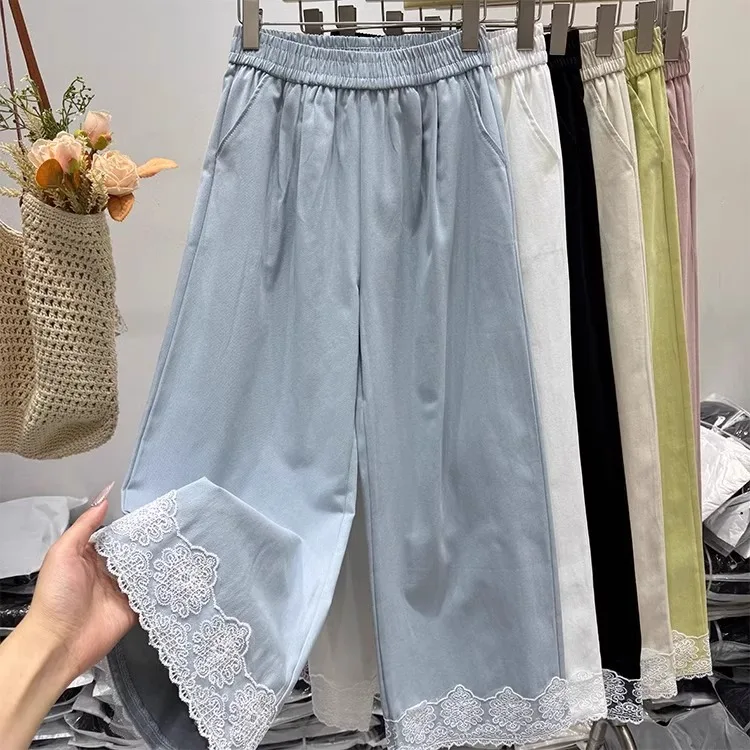 

High Waist Wide Leg Pants Women's Lace Trim Color Block Casual Straight Cut Spring Summer Slimming Nine Point Trousers