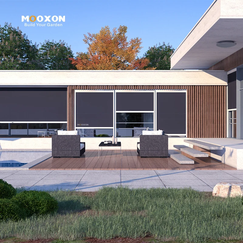 

Всепогодные моторизованные уличные рулонные шторы с защитой от УФ-излучения и дождя, солнцезащитные жалюзи с пультом дистанционного управления для террасы