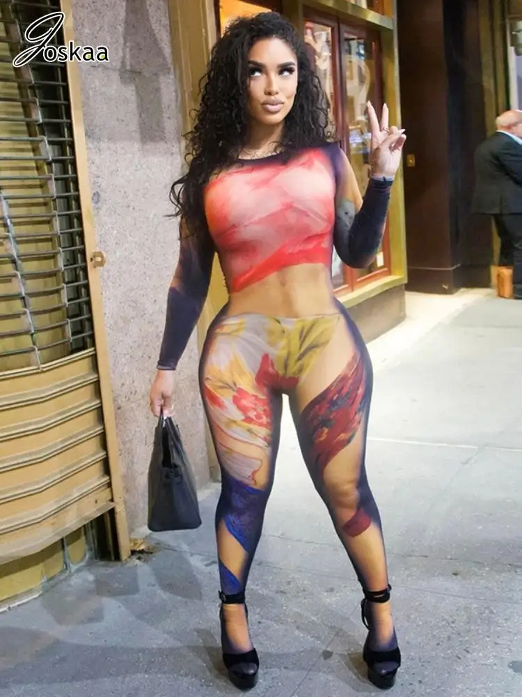 Joskaa 2025 Women's Sexy Body Paint Print Round Neck Long Sleeve Skinny Jumpsuit Midnight Party Club Rompers Y2K Streetwear - Image 2