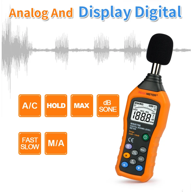 

PEAKMETER PM6708 30dB~130dB LCD Digital Display Audio Decibel Sound Noise Meter dB Sound Level Meter Measuring Logger Tester