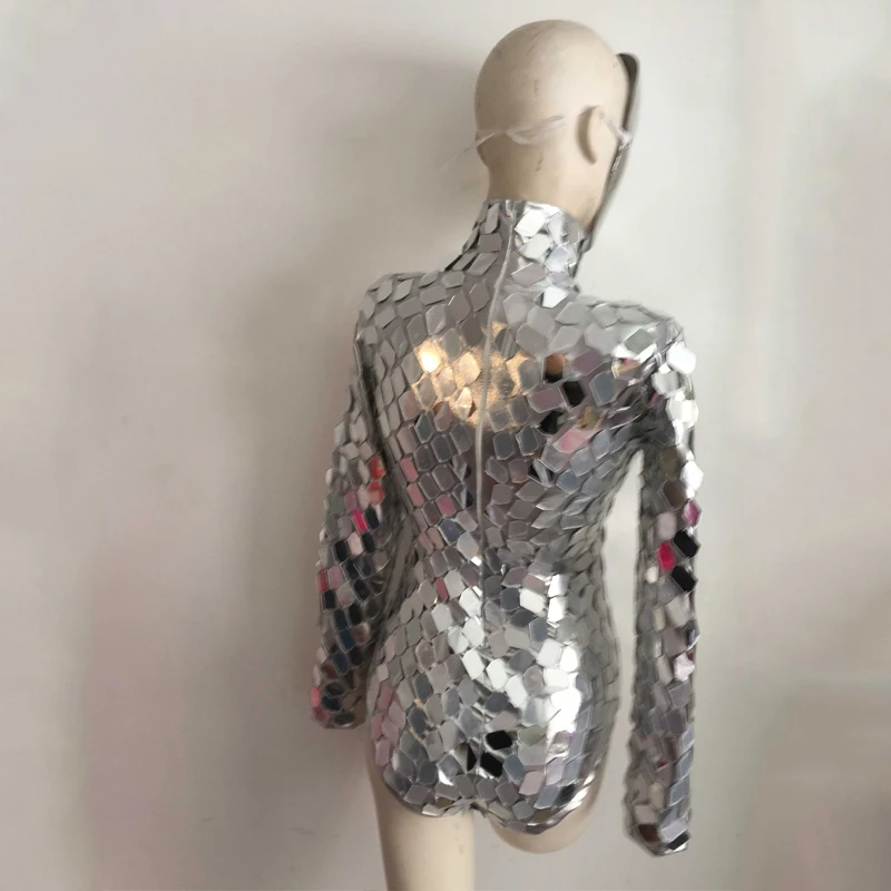 Spiegel Pailletten Toneelkostuum Zanger Danser Prestaties Jumpsuit Carnaval Festival Kleding Rave Outfit Zilveren Romper yj031