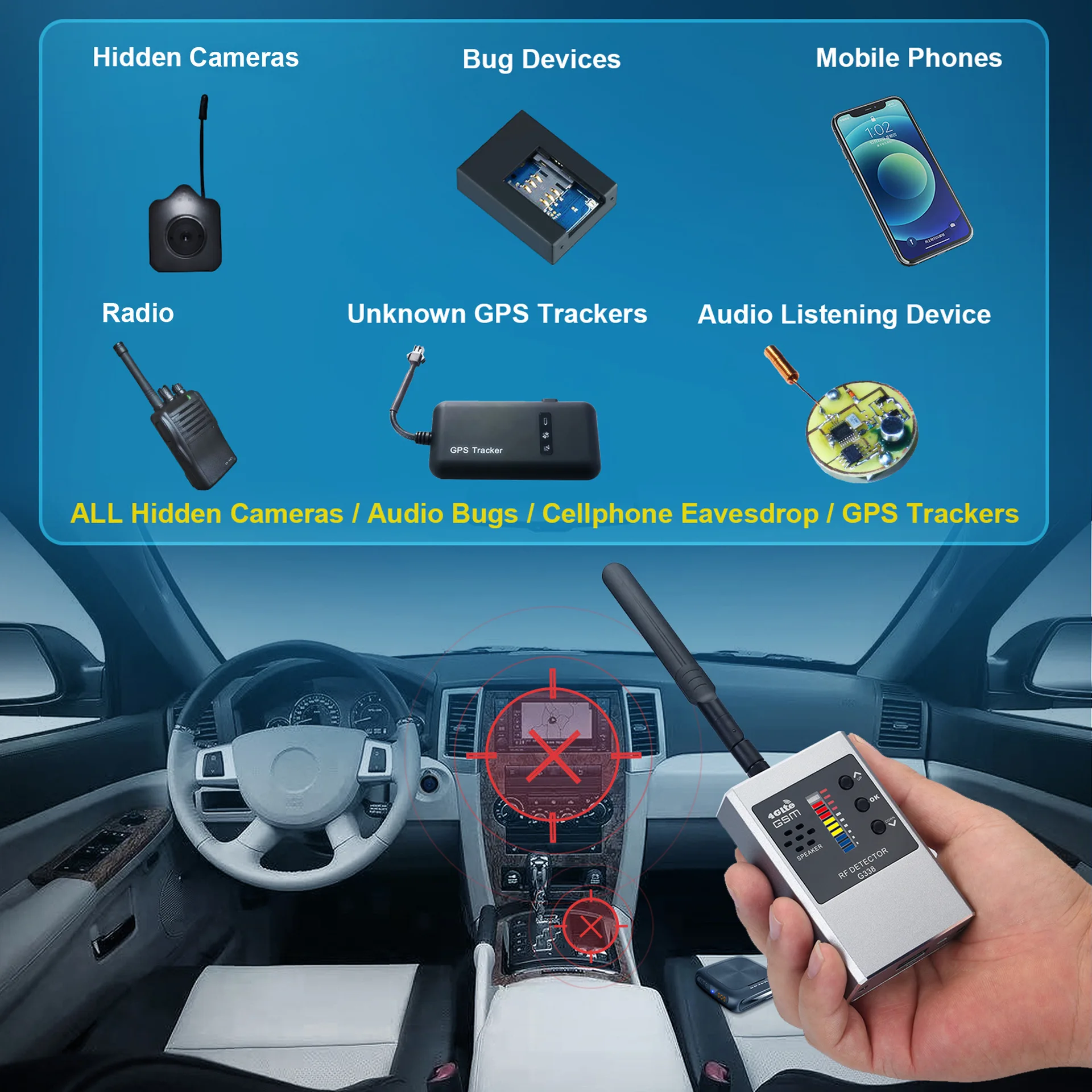 8GHz anti spy gadgets RF Signal Detector G338 w/10 LED Sensitivity: Sweep WiFi Cams, GSM Bugs, GPS Locators, Magnetic Detection