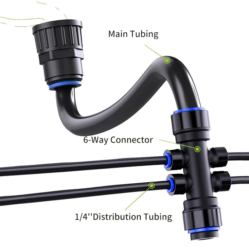 50FT Water Saving Drip Irrigation Kit with 12 Adjustable Emitters 40FT 14 Tubing 10FT Main Hose and 6 Way Connector