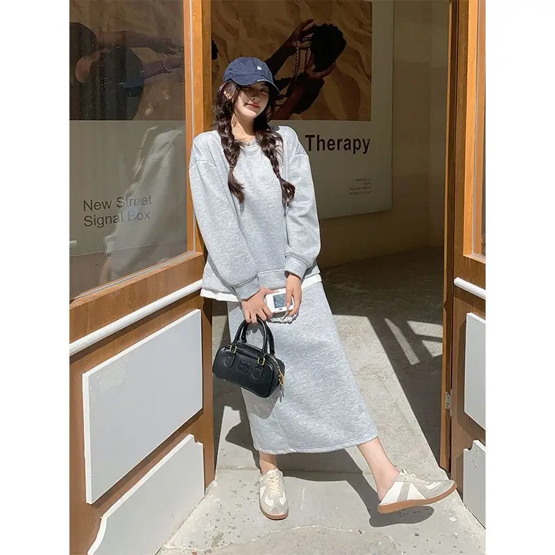 

2025 Women's Oversize Sweatshirt Set - Long Sleeve Top with Split Maxi Skirt, Casual Chic Korean Streetwear for Spring Autumn