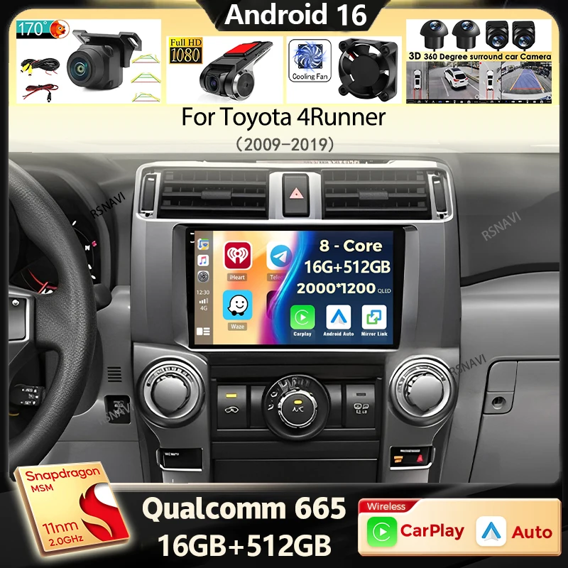 Radio para Auto con Android 16 y Carplay para Toyota 4Runner 2009-2019, Reproductor Multimedia de Video, Estéreo, GPS, 4G+WiFi, Audio BT, 2din