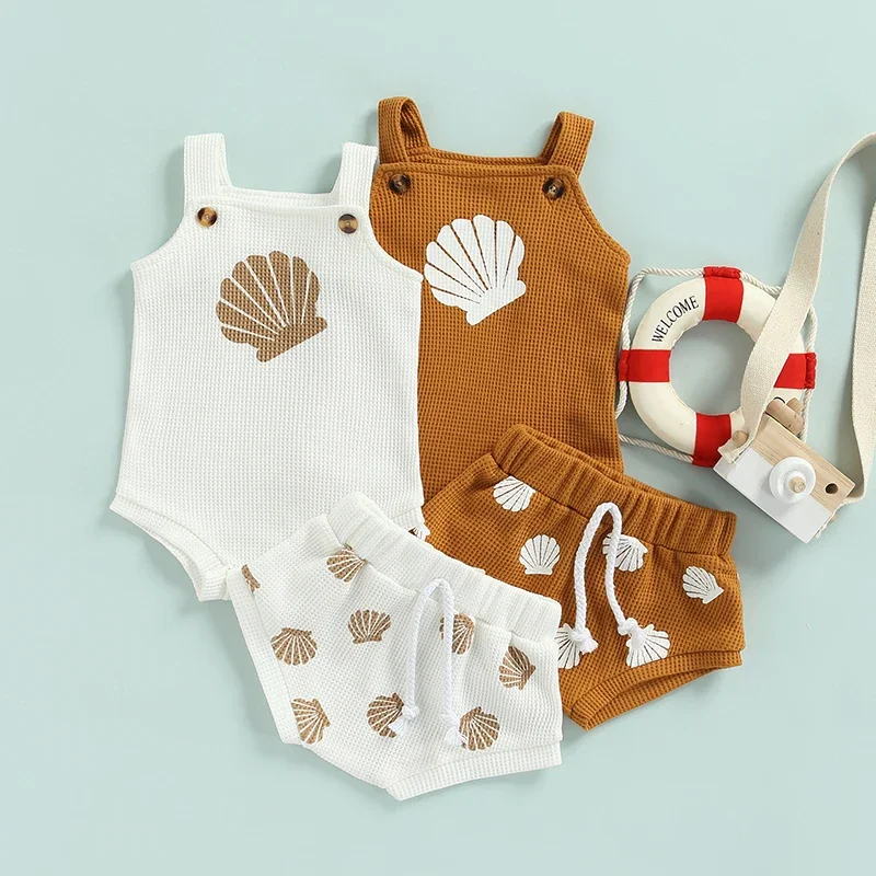 2022 Baby Girl Shell Printed Romper Set with Tie-up Shorts