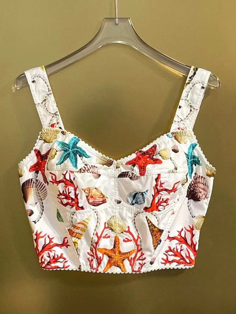 AELESEEN 100% Cotton Women Summer Sexy Camis Corset Designer Fashion Starfish Shells Printed Short Poplin Bustier Crop Top