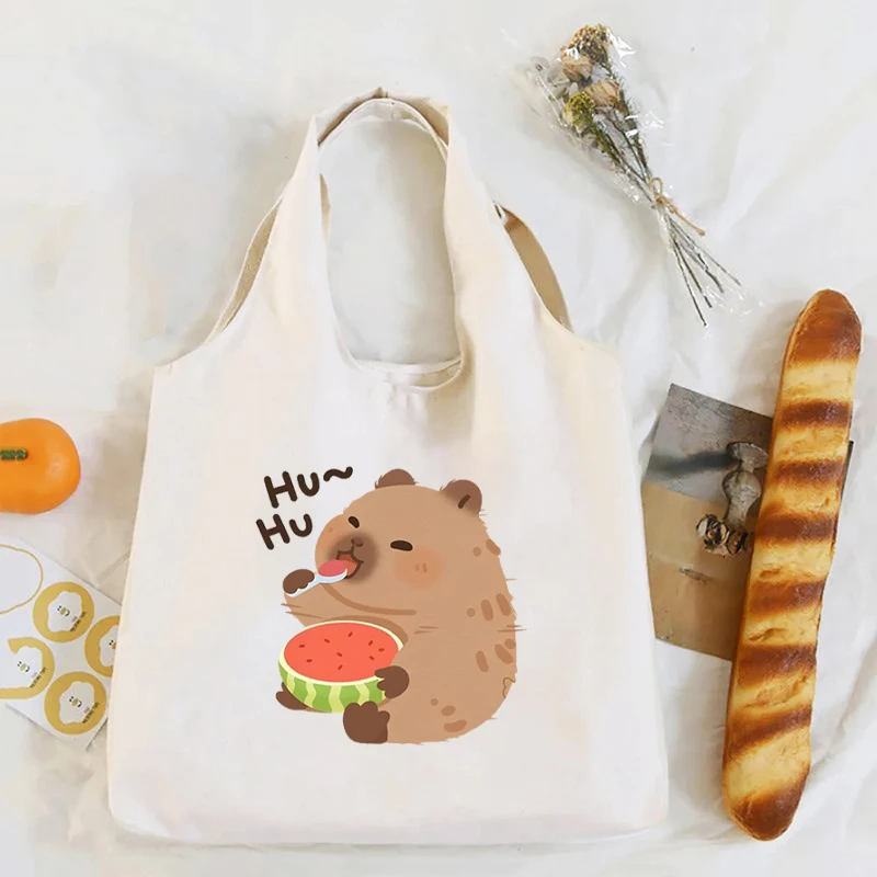 Cartoon Capybara Print White Canvas Tote Bag Organizer Women\'s Kawaii Eco Friendly Shopping HandBag Capybaras Cute Shoulder Bags