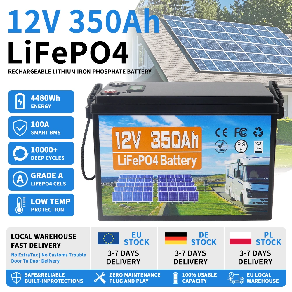 12V 24V 100AH 200AH 350Ah Lithium LiFePO4 Batterij met 100A BMS, perfect voor camper, golfkar, zonne-energiesysteem, trollingmotor, boot, zonne-energie, EU voorraad