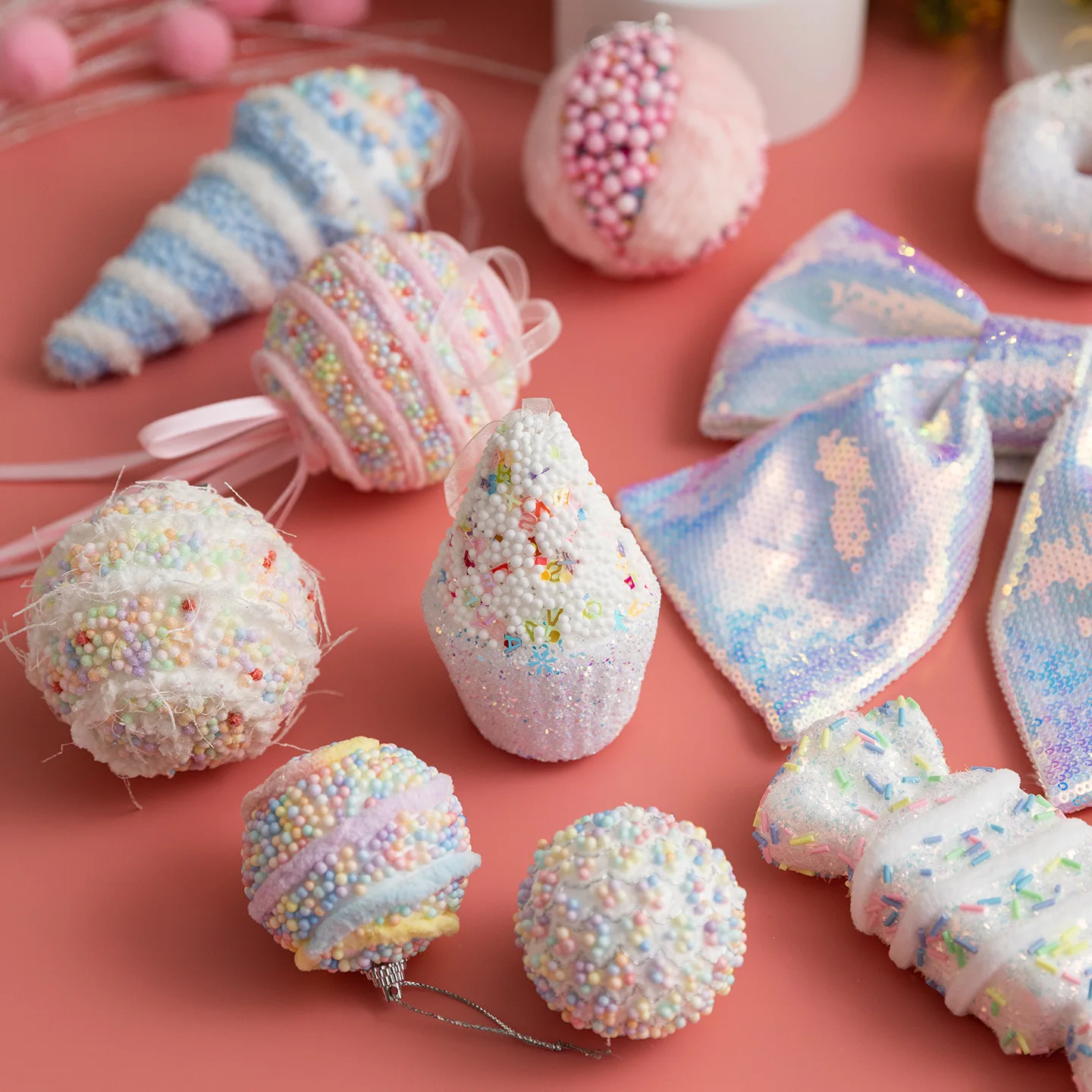 

Christmas Decorations Sequins Bows Pink Foam Balls Candy Cane Christmas Tree Decorations Hangings