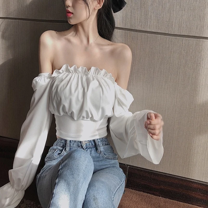 Women\'s Sexy Bandage Long Sleeve Shirt Slash Neck Solid Color Ruffles Crop Tops Ladies Chiffon Off Shoulder Blouse