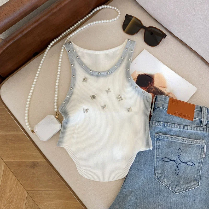 Neploe 2024 Summer New Knitted Vest for Women Fashion Sweet Butterfly Diamond Tank Top Y2k O-neck Sleeveless Tops Mujer