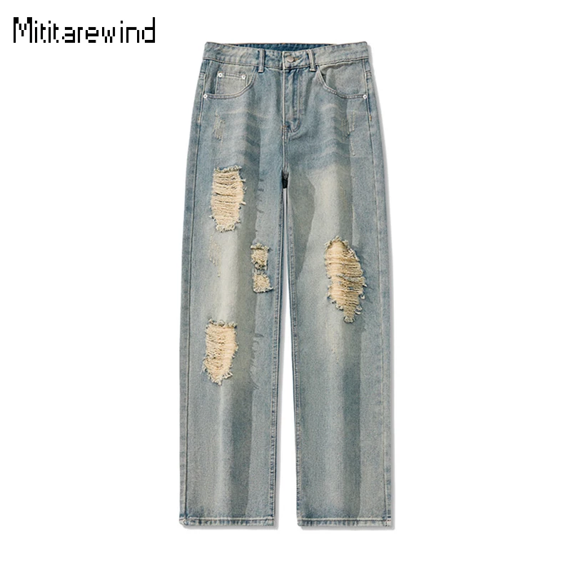 

2024 Spring and Summer New Men's Jeans Japanese Streetwear Ripped Jeans Distressed Straight Baggy Jeans Youth Fashion Denim Pant