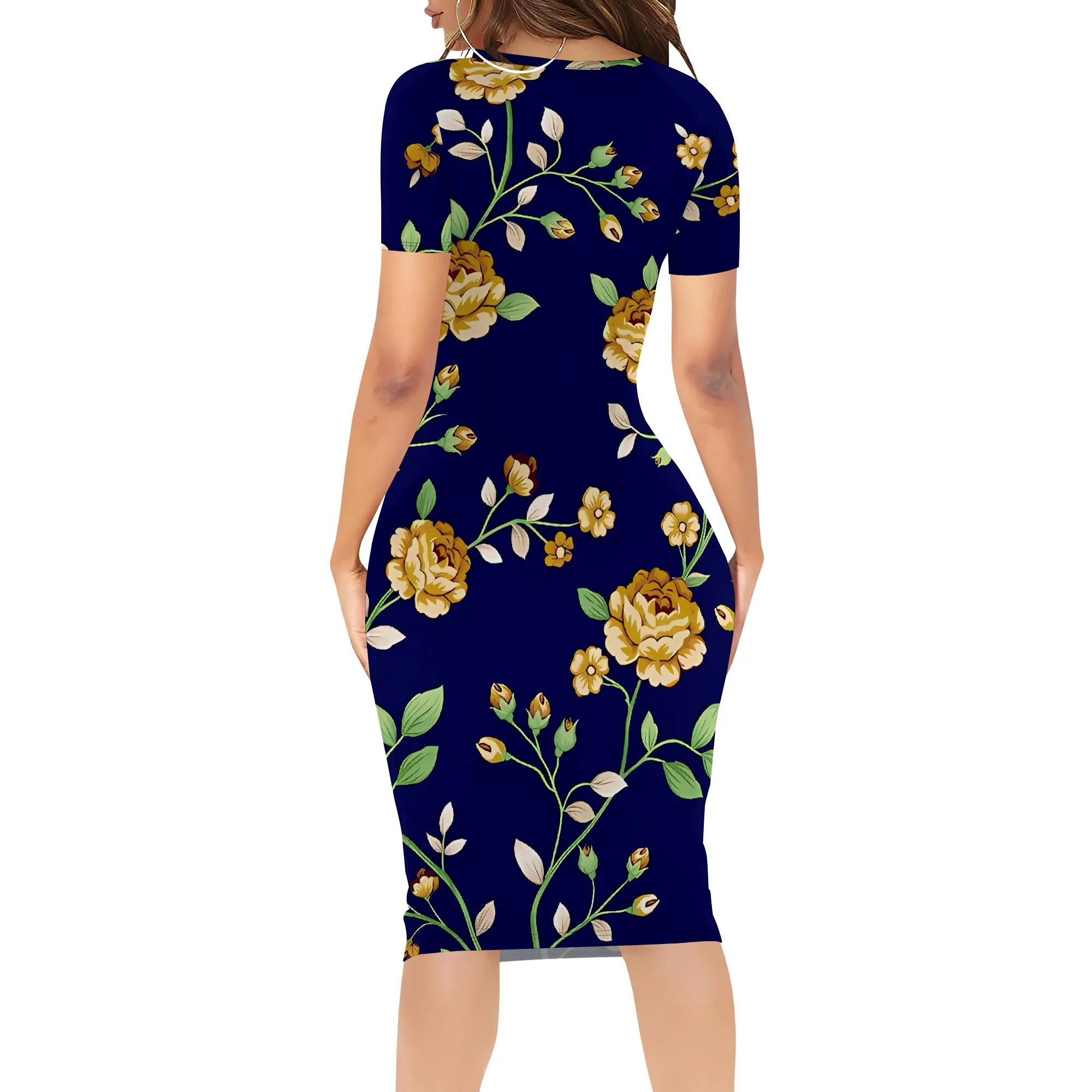 Nupusa Floral Print Dress for Women Standard Size Summer Elegant Square Neck Short Sleeve Bodycon Dress