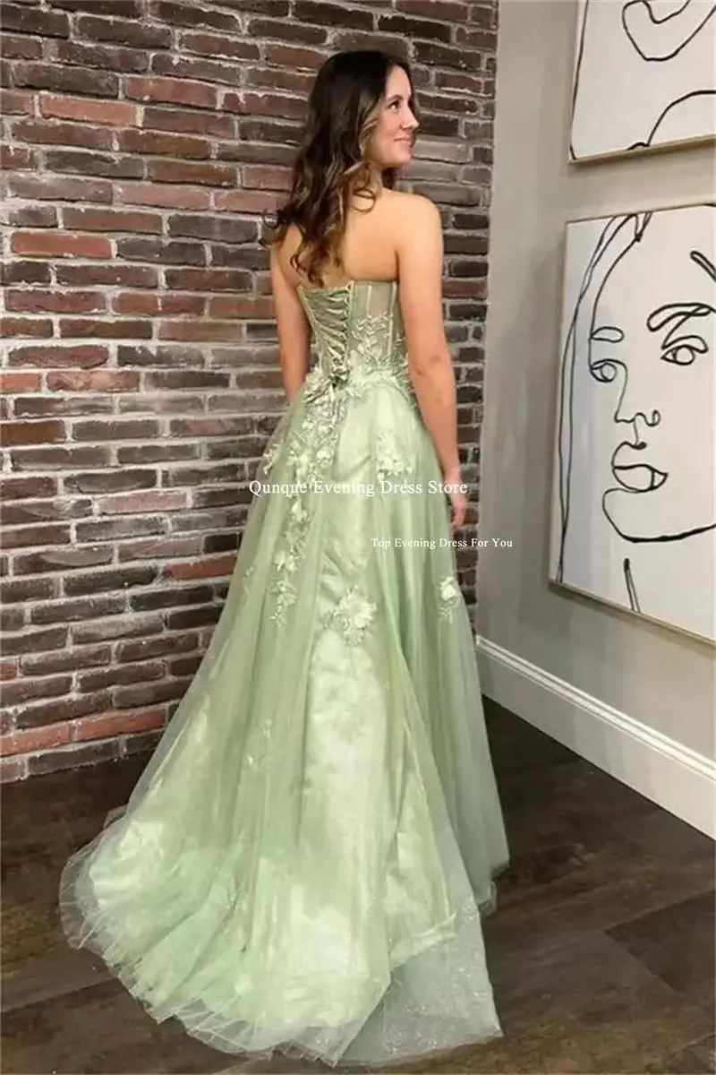 Qunque Sage Green Prom Dresses For Women Appliques Abiye High Slit Long Formal Event Special Occasion Evening Dress Customized