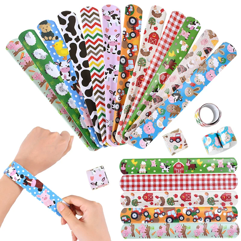 12pçs pulseiras de tapa de animais de fazenda de desenho animado, lembranças para festa de aniversário com tema de fazenda infantil, presentes para convidados, bolsa de presentes, brinquedos de enchimento