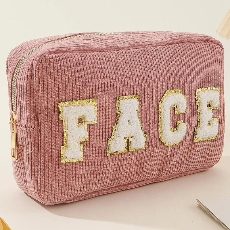 1PC Towel Embroidered Letter Corduroys Wash And Makeup Bag