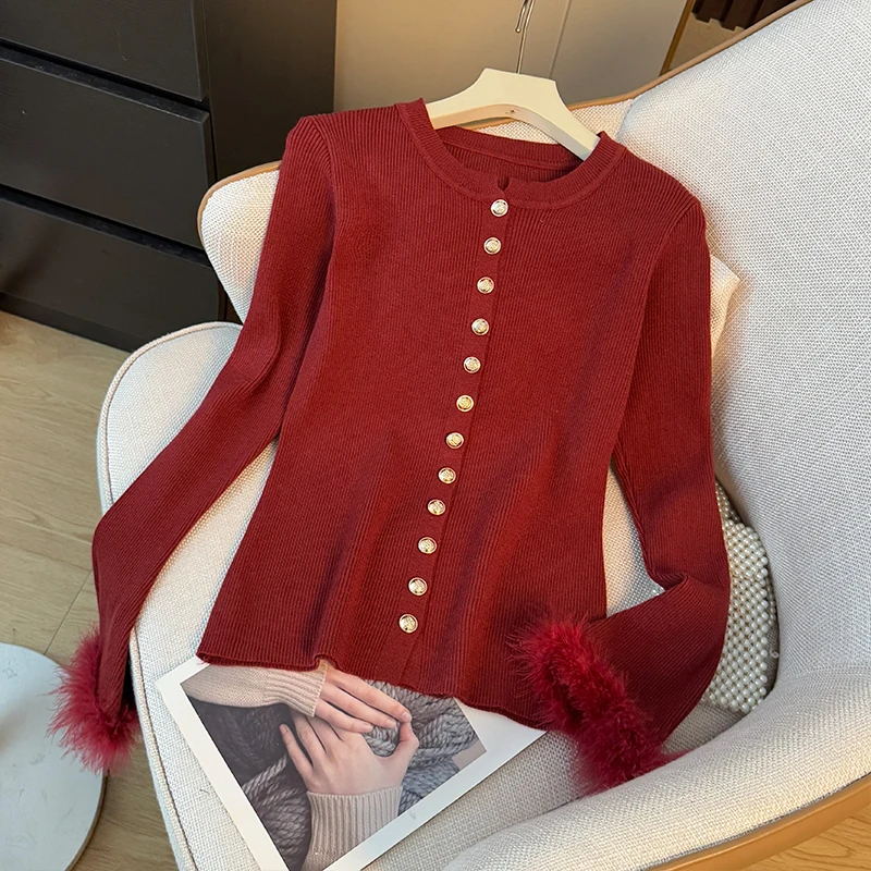 

Korean Style Single Breasted Round Neck Women's Cardigan New Design Spliced Long Sleeve Knitwear Temperament Retro Slim Lady Top