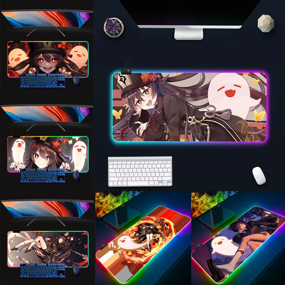 Game Genshins Impacts Hu Tao RGB Pc Gamer Keyboard Mouse Pad Mousepad LED Glowing Mouse Mats Rubber Gaming Computer Mausepad