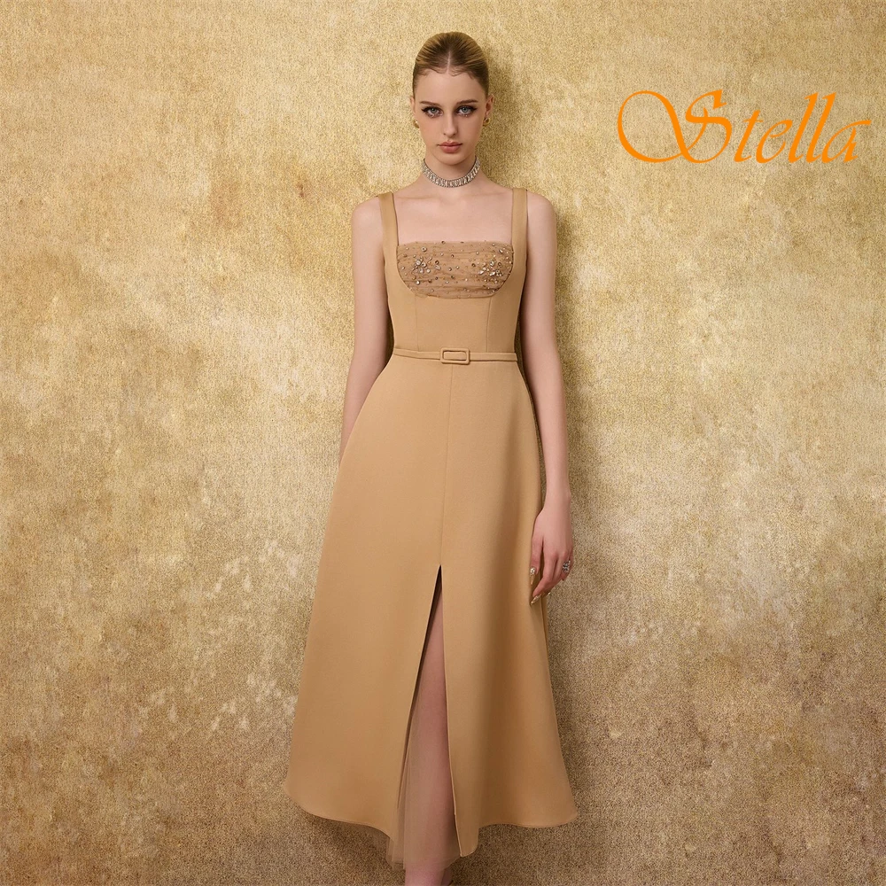 Abito da sera senza maniche classico personalizzato con colletto quadrato Temperamento Abiti da ballo in raso Abiti da ritorno a casa in cristallo delicato