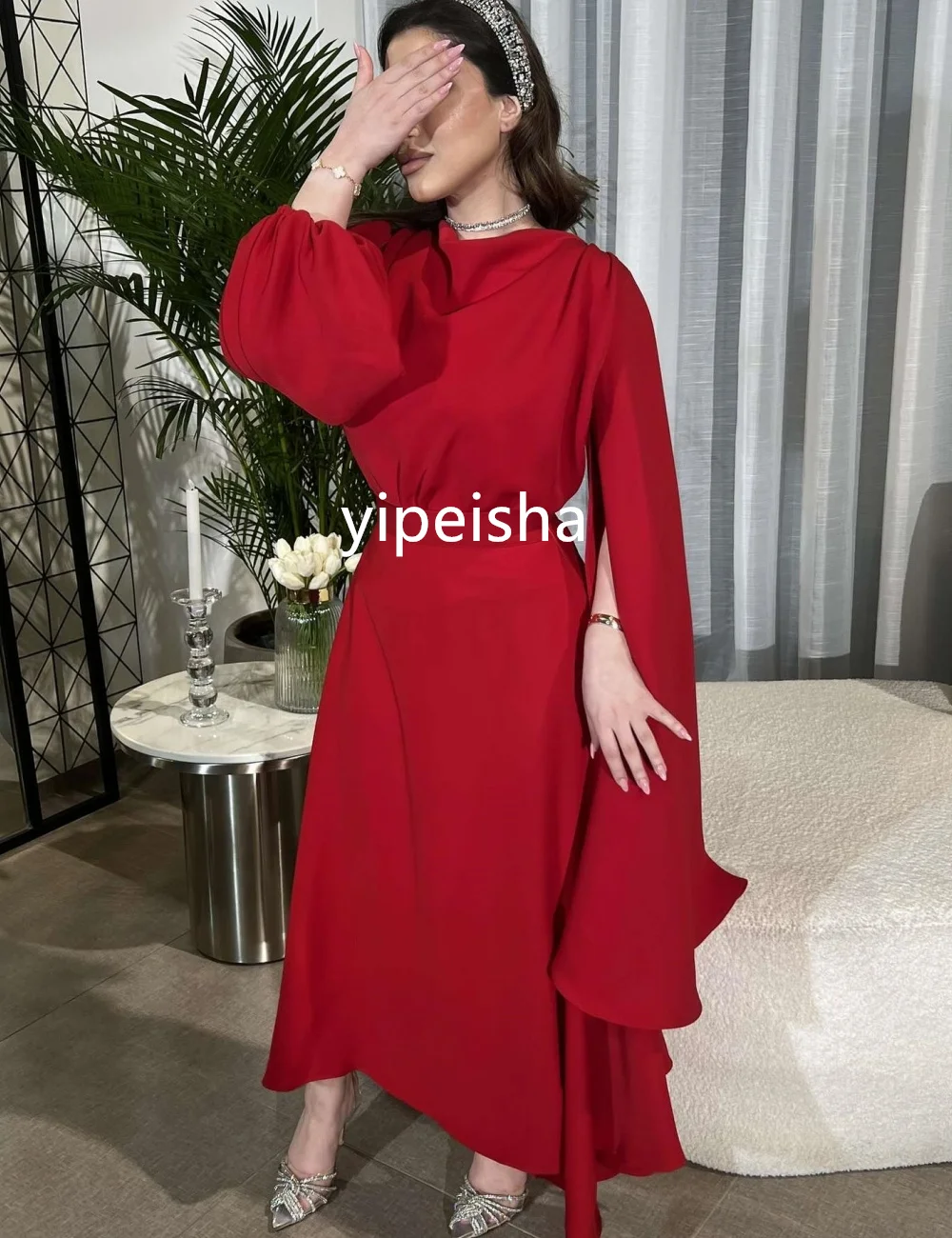 Customized Exquisite Jersey Pleat A-line Scoop Neck Midi Dresses Evening  Sexy Sparkle Sizes Available Intricate Matching Elegan