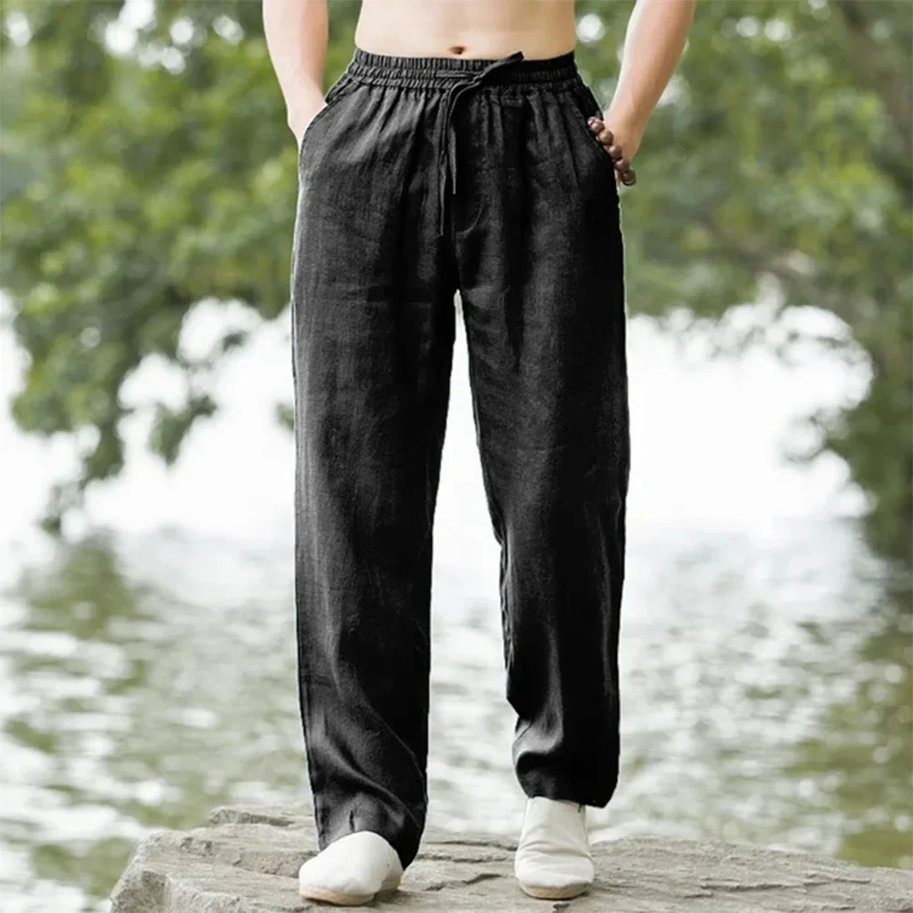 

2025 New men Cotton Linen Drawstring Pants Elastic Waist Casual Solid Color Trousers Baggy Loose Straight Leg Breathable Sweatpa