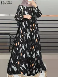 Zanzea lässig Abaya Kaftan Vestidos Vintage Druck muslimischen Kleid voller Ärmel O-Ausschnitt Maxi Robe elegante Party Sommerkleid 2024