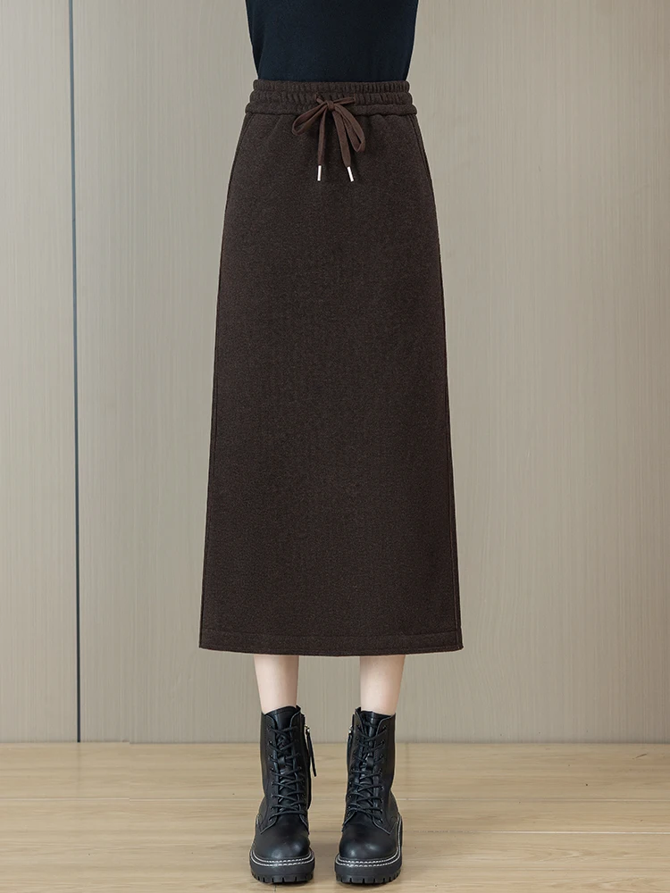 

Карамельная шерстяная юбка А-силуэта миди с высокой талией, двухцветным дизайном и разрезом для осенне-зимнего сезона, женская модная модель для офиса, большие размеры