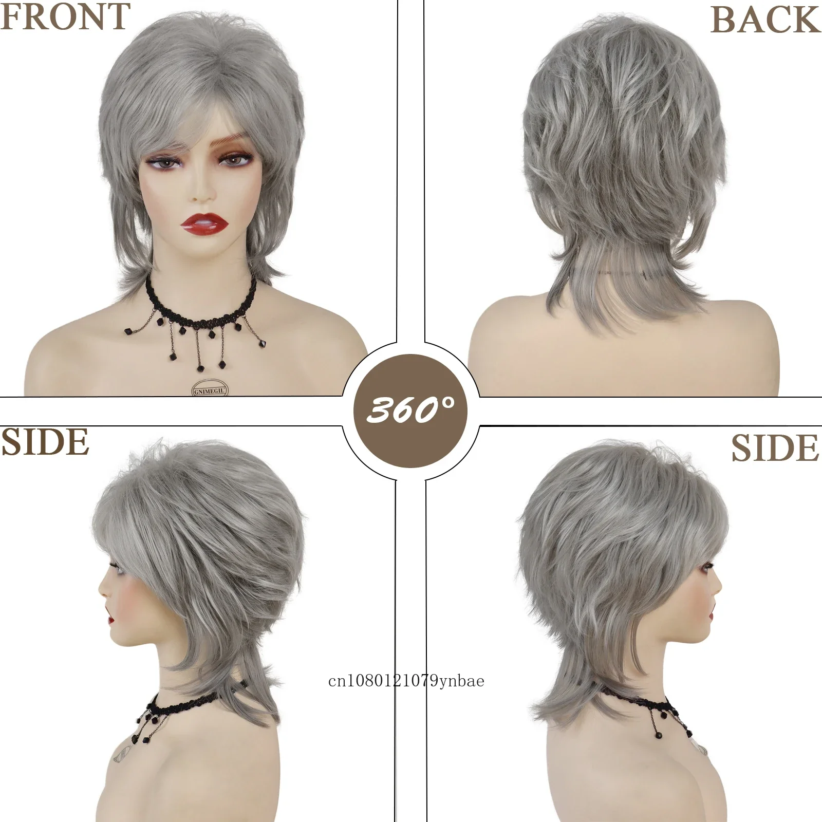 Grandma Grey Mullet Wigs for Women Synthetic Short Curly Wig with Bangs Daily Cosplay Costume Party Heat Resistant Older Wig