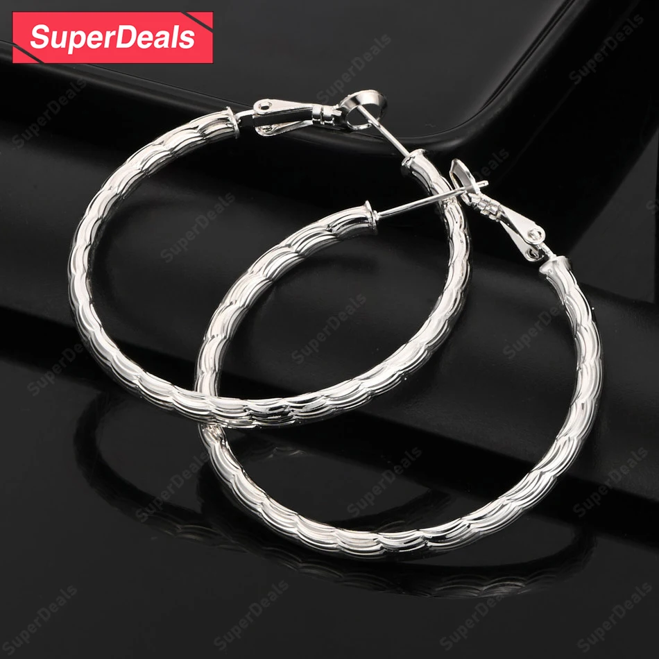 

SuperDeals 925 Sterling Silver 40mm Water Ripple Round Hoop Earrings Women's Exquisite Beautiful Jewelry Party High Quality Gift