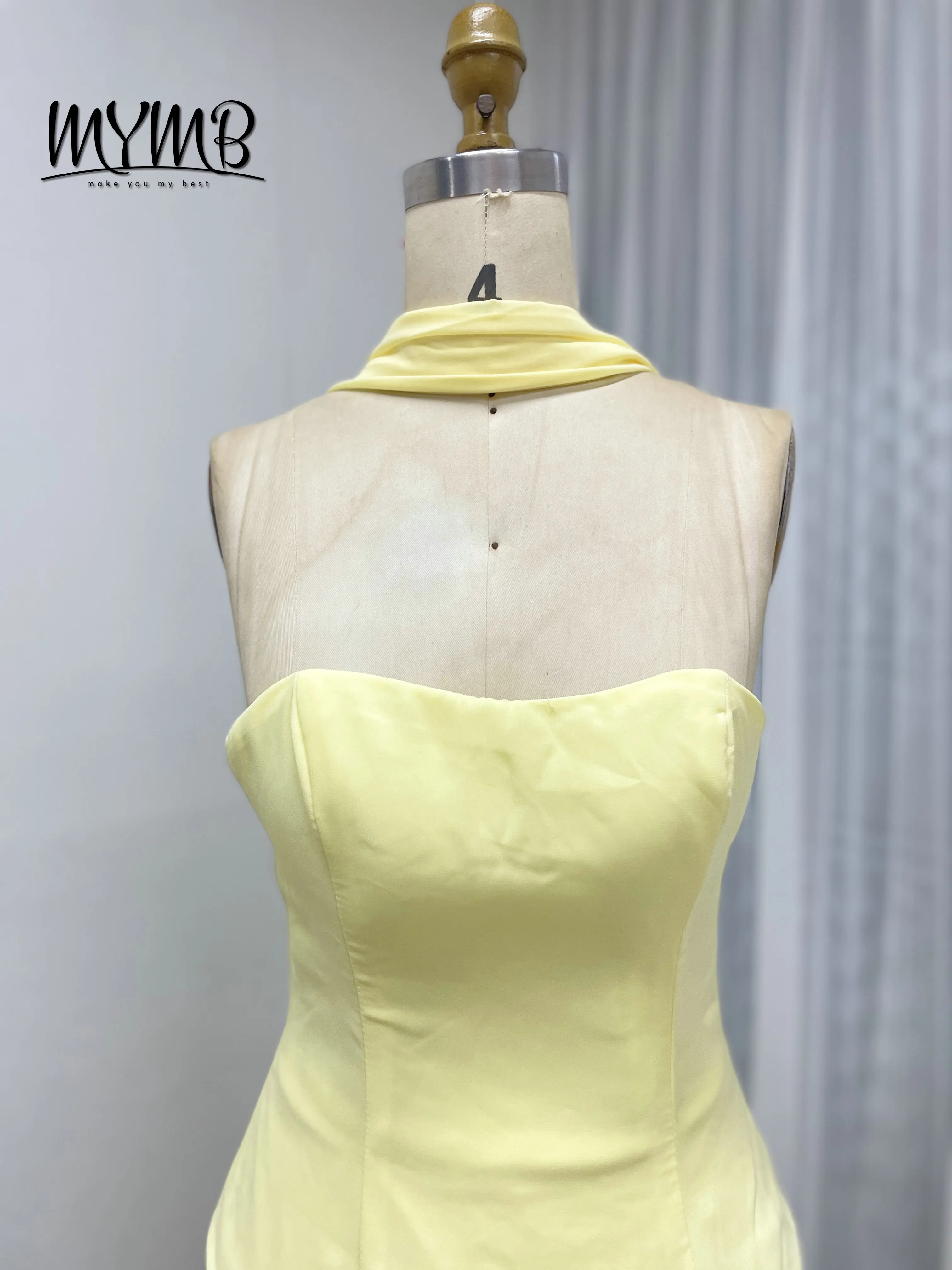 فستان سهرة حورية البحر أصفر أنيق أنيق من MYMB مزين باللؤلؤ مع وشاح شيفون 2026 للحفلات الراقصة MY30200