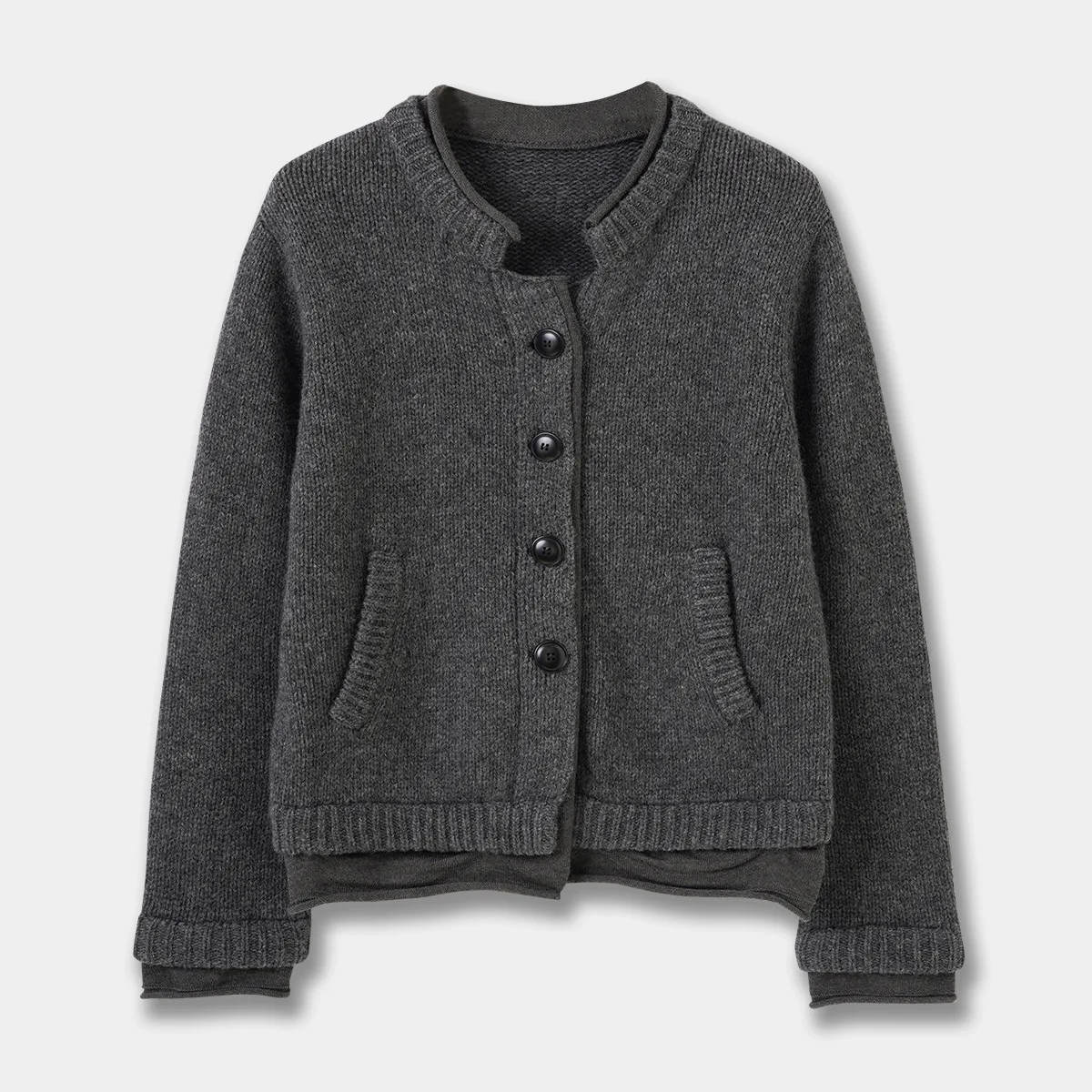 

Женский кардиган в рубчик из двух предметов в стиле ретро, осень-зима 2025 г., серый вязаный верхний костюм с круглым вырезом и длинными рукавами