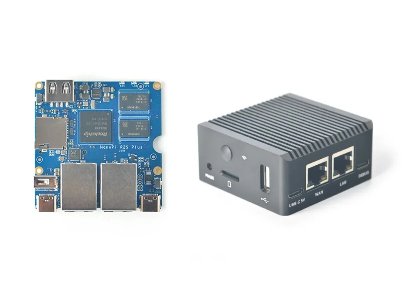 NanoPi R2S Plus Mini Placa de desarrollo RK3328, puertos Ethernet de doble Gigabit, 32GBeMMC, compatible con M.2WiF