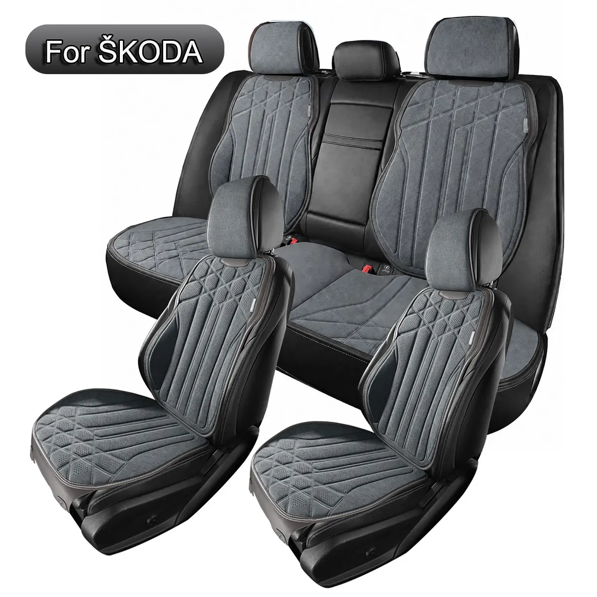 Komplet Pokrowców na Siedzenia Samochodowe, Pasuje do SKODA Octavia, Kodiaq, Fabia, Karoq, Superb, Kamiq, Enyaq iV, Rapid, Ochraniacz Siedzeń z Syntetycznego Zamszu Musk, Antypoślizgowy Design,