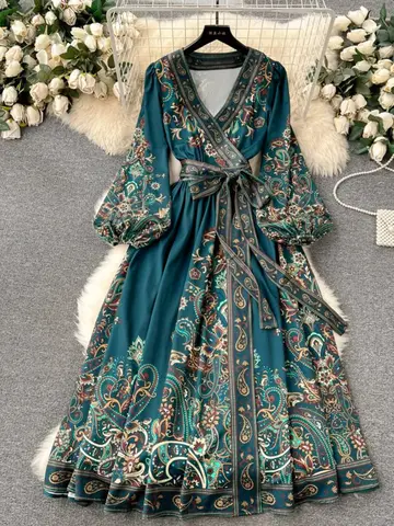 Women's Spring Summer Teal Green Dresses Paisley Print Wrap V Neck Puff Long Sleeve Tie Waist Flared Maxi Elegant Vacation Dress