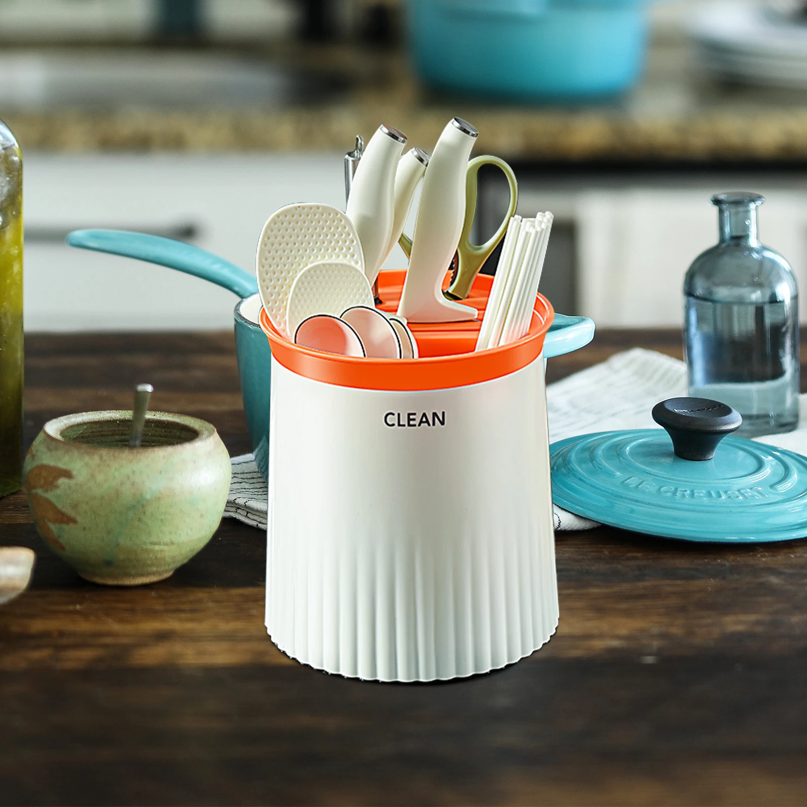 

360 Degree Rotating Kitchen Utensil Holder Draining Box For Knives Chopsticks Scissors Storage Multi Purpose Cutter Stand